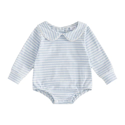 Newborn Baby Boy Girl Fall Outfit Long Sleeve Bubble Romper Peter Pan Collar Striped Bodysuit One Piece Clothes