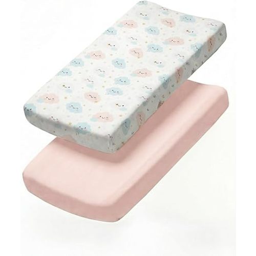 Changing Pad Cover - Pack of 2 Soft Unisex Diaper Change Microfiber Table Sheets - Fits 32"x16" Contoured Pad - Changing Pad Cover for Baby Boys and Girls - Machine Washable - Oeko-Tex, Happy Clouds