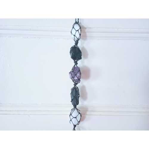 Protection macrame crystal wall hanging with selenite, black tourmaline, dream amethyst, black obsidian, and clear quartz