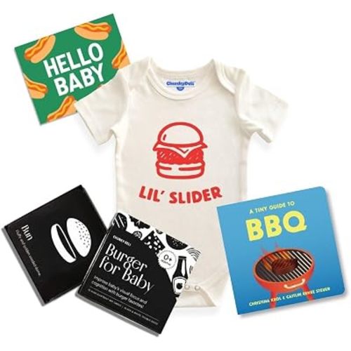 Chunky Deli Grillmaster Baby Gift Bundle - Infant 6 Month Bodysuit, High-Contrast Flash Cards & BBQ Board Book Set - Culinary Newborn & Toddler Apparel and Visual Sensory Reading Collection