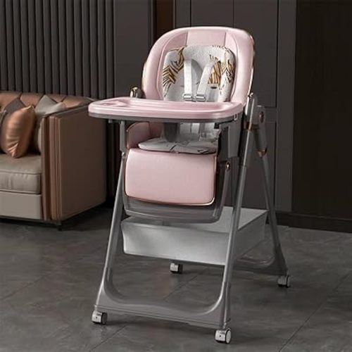 3-in-1 High Chair for Babies & Toddlers, Foldable Baby High Chair with Wheels, PU Leather Cushion, Adjustable 5 Height & 3 Recline & 4 Dining Tray, Footrest, 5 Point Harness, Pink