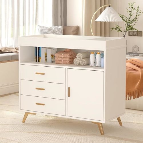 Baby Changing Table Dresser with Table Top, Wooden Diaper Changing Station with Safety Rails & Belt, Multi-Functional Nursery Dresser, White