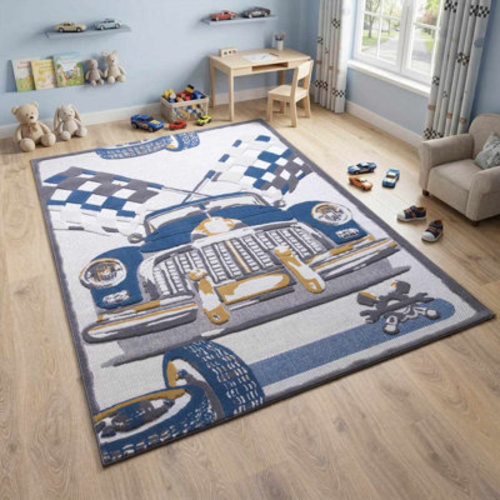 Hauteloom Caddy Kids Room Area Rug - Vintage Car - Gray, Blue, Brown | Wayfair