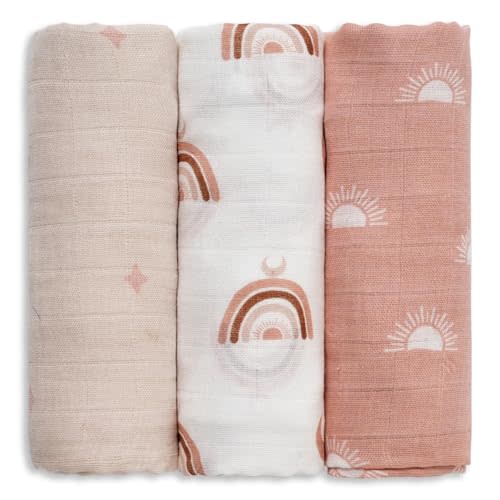 GLLQUEN BABY Receiving Blanket Boy Cotton Muslin Swaddle Blankets Girl Newborn Squares Breathable & Soft Thin Baby Blankets Cloths Double Absorbent Infant Swaddling Wrap - 3 Pack (Sun)