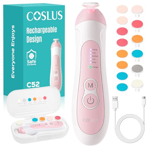 COSLUS C52 Rechargeable Baby Nail File: Cordless Baby Nail Trimmer Electric with 5 Speeds & 6 Grinding Heads for Baby Kid, CPC Certified and Quiet Design - Safe for Sleep Trim Buffer, Pink