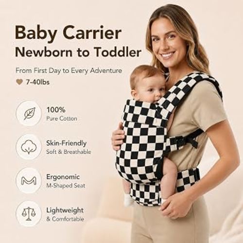 Amazon.com: Baby Carrier Newborn to Toddler- 100% Pure Cotton Double-Side Skin-Friendly Baby Carrier,3 Carry Positions Newborn Carrier, Ergonomic,Cozy and Lightweight Infant Carrier for 7-40lbs,Checkerboard : Baby