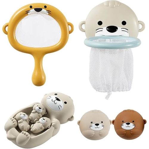Otter Bath Toy, Otter Family Tub Toy Bathtub Floating Toy for Kids - Soft Vinyl and ABS Plastic Material - No Hole One-Piece Design (Otter Playset + Baketball Hoop + Fishing Net + 2 Balls)