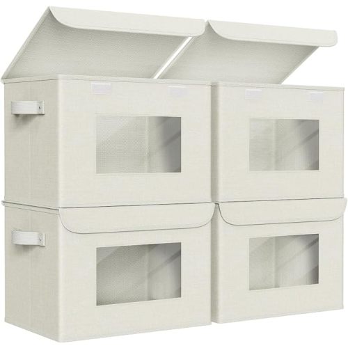 Univivi Fabric Storage Bins with Lids for Clothes 4 Pack, Beige Linen