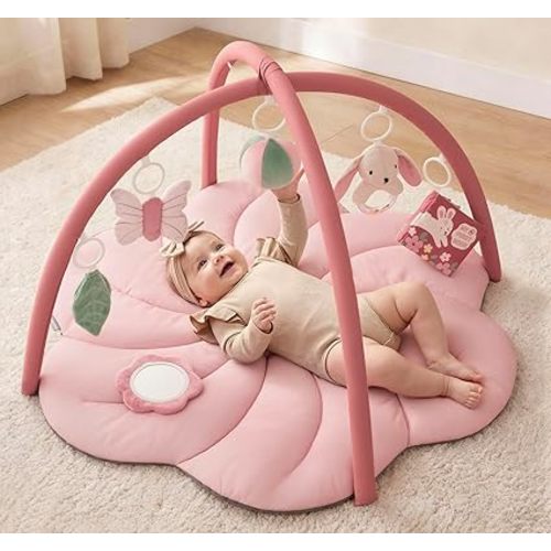 Blissful Diary Baby Play Gym Mat, Tummy Time with 6 Detachable Toys for Sensory & Motor Skill Development, Baby Activity Mat for Girl Boy Newborn Essentials Shower Gift, Pink Floral