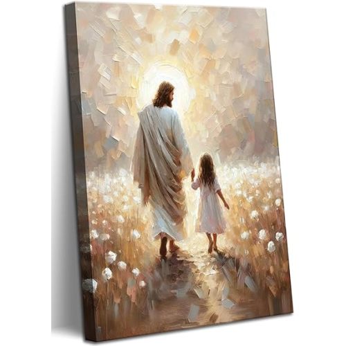 Jesus and Girl Wall Art Christian Kids Room Painting Wall Decor Jesus Walking with Girl Picture Prints Christian Religious Poster I Will Walk With Christ Canvas Artwork for Kids Room Church 12X16 Inch
