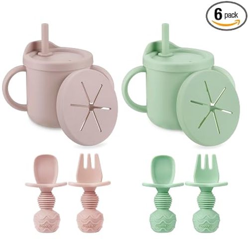 PandaEar 2 Pack Silicone Baby Straw & Snack Cup with 2 Spoons 2 Forks, Dual-Purpose Toddler Training Cups, Pink Green