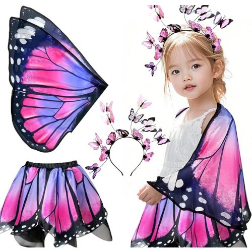 Kids Toddler Butterfly-Wings-Costume for Girls Dress-Up Clothes | Fairy Costume Set with Diamond Chiffon Wings Rainbow Tutu & Headband, Birthday Gifts for Girls Halloween, Garden Dance