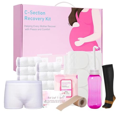 C Section Recovery Must Haves Kit - Peri Bottle,Disposable Mesh Underwears,Witch Hazel Pad Liners,Silicone Scar Patches, Abdominal Belly Binder,Socks,Postpartum Essentials Kit New Mom Gifts