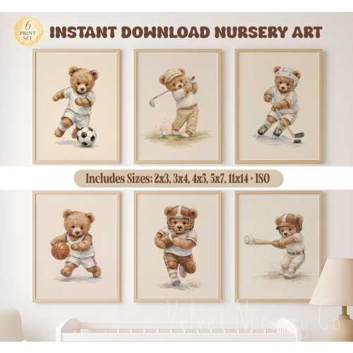 Sports Teddy Bear Nursery Set of 6 Wall Art, Watercolor Sporting Nursery Theme Décor for Kids Sports Room & Baby Sports Nursery: Vintage