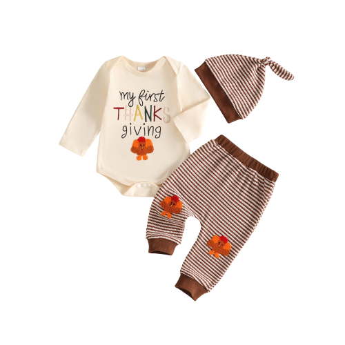 Loicainy Infant Baby Boy Thanksgiving Outfit 3 6 12 18 Months Letter Embroidery Long Sleeve Romper Pants Hat Clothes Set