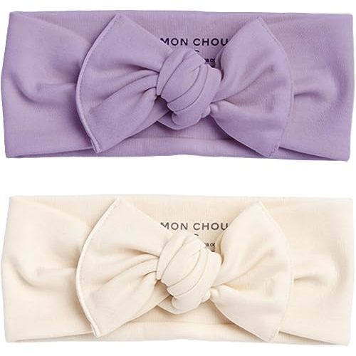 MON CHOU Adjustable Baby Headbands - Set of 2 Organic Cotton Headbands for Baby Girls - Ultra Soft, 100% Pima Cotton Infant Hair Bows (Ivory & Crocus Petal)