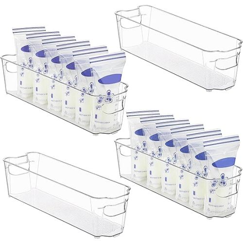 HOOJO Refrigerator Organizer Bins - 4pcs Clear Plastic Bins for Fridge, Kitchen Cabinet, Pantry Organization, ideal BPA Free Freezer Organizers for Storing Breast milk Storage Bags, 14.5" Long-Narrow - 14.5" L x 4.5" W x 3.8" H