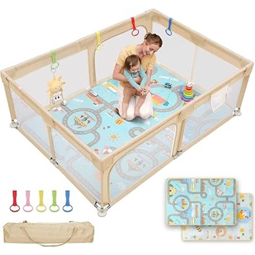 Dripex Baby Playpen with Mat, 71"x47" Play Pen for Toddlers 1-3 Years, Soft Breathable Visible Mesh, Indoor/Outdoor Portable Play Yard with Mat, Safe Baby Fence Play Area, Khaki