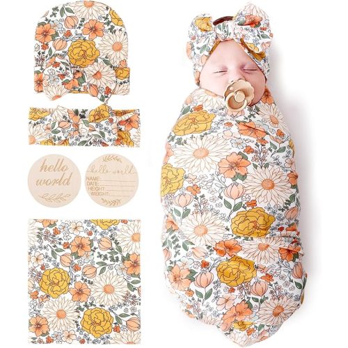 DRESHOW BQUBO Baby Girl Newborn Floral Receiving Blankets with Bow Hat Headband Wooden Birth Announcement Card Set Newborn Baby Swaddling Hats Swaddle Blanket Toddler Warm Shower Gift