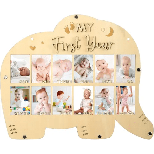 My First Year Picture Frame,One Year Of Photo Board, Baby's First Twelve Months Photo Collage and Gender Neutral Keepsake, Ideal for Baby Shower,New Mom Keepsake Gift and Nursery Decor - With Stand (Elephant sign)