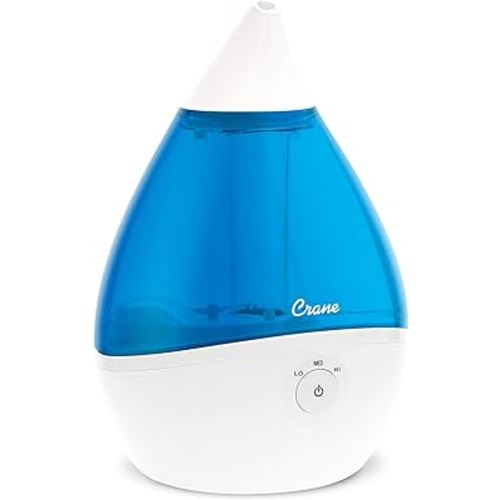 Crane Droplet Ultrasonic Teardrop Cool Mist Air Humidifier, 0.5 Gallon for Bedroom and Office, Blue and White, Nursery Humidifier
