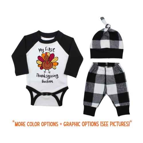 Boy Personalized My First Thanksgiving Turkey Outfit Raglan Knot Hat Pumpkins Black White Plaid Baby Bodysuit Raglan HANDMADE in the USA