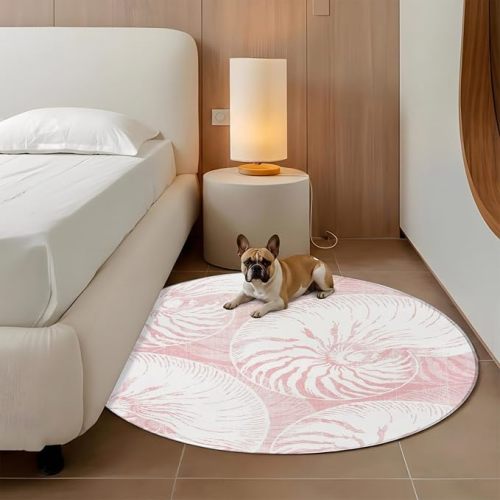 Large Round Rug 8ft Pink Coastal Conch for Living Room Dining Room, Machine Washable Non Slip Circle Area Rug Ocean Life Nautical Summer Beach Modern Soft Low Profile Indoor Rug for Bedroom Decor