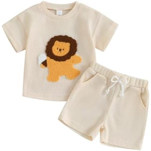 Toddler Baby Boy Summer Outfit Lion Embroidered Short Sleeve T-Shirt Tops Pockets Shorts Waffle Knit Clothes Set