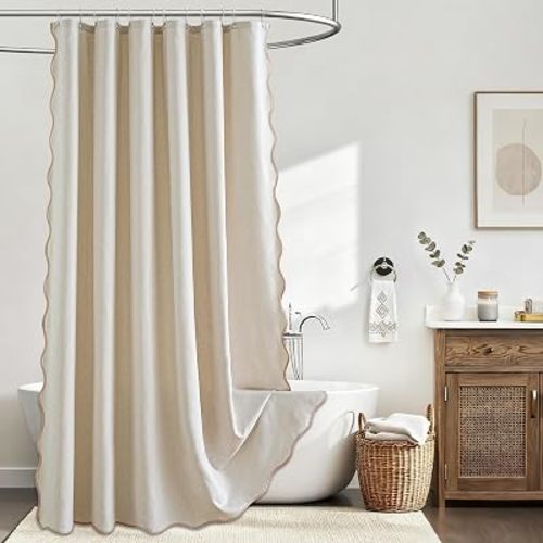Beige Scalloped Shower Curtain Linen Textured Boho Farmhouse with 12 Metal Hooks Cute Heavy Duty Washable Waterproof Neutral Thick Cloth Shower Curtains for Bathroom Hotel Bathtub, W72xL72