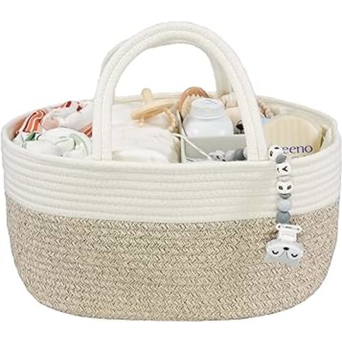Large Baby Diaper Caddy Organizer for Girl Boy Rope Nursery Storage Bin Basket Portable Holder Tote Bag for Changing Table Car Travel Baby Shower Gifts Newborn Registry Must Haves White and Brown