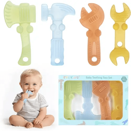 TYRY.HU Baby Teething Toys for Babies 0-6 Months 6-12 Months, BPA Free Silicone Baby Molar Teether Chew Toys, Hammer Wrench Spanner Pliers for Boys Girls, Soft-Textured, Easy to Hold & Clean, 4 Packs