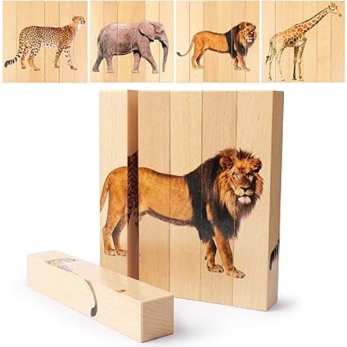 Wooden Puzzles for Toddlers 1-3: Animal Toddler Puzzles for 2-4 Years Old, Montessori Toys Learning Educational Chunky Puzzle, 4-in-1 Safari Animal Wooden Toys for Kids Baby Boys Girls Gifts