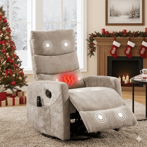 HSUNNS 360° Swivel Rocker Recliner Chair with Heat Massage, Chenille Manual Single Rocker Sofa Recliner Chair with Side Pockets for Living Room Home Theater, Khaki