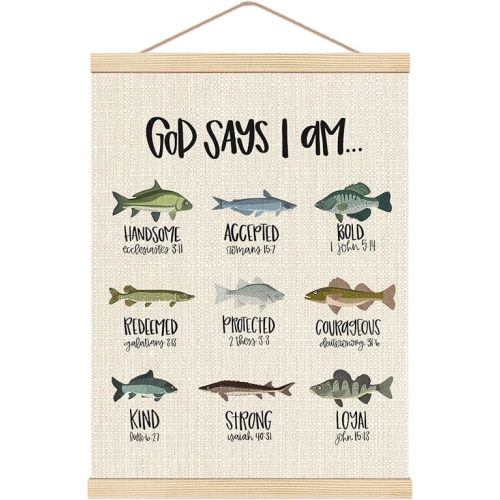 HKTZM Christian Bible Scripture God Says I am Fishing Wooden Poster Hangers 12.5x17 Inch,Home Kids Room Nursery Playroom Decor,Fishing Gifts for Kids Girls Boys,Christian Gifts for Women Teen Girls