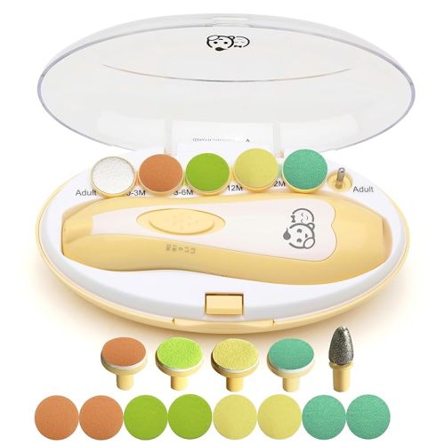 Baby Nail Trimmer 21 in 1, Usage Labeled Case & 13 Extra Replacement Tools, Royal Angels Baby Electric Nail File, Baby Nail Care, Nail Clipper Newborn Toddler Toes & Fingernails Nail Kit (Yellow)