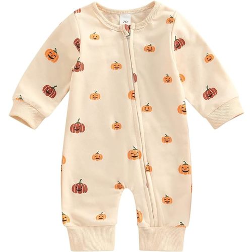 FIOMVA Newborn Baby Girl Boy Halloween Outfit Pumpkin Long Sleeve Romper Onesie Cotton Linen Jumpsuit Fall Winter Clothes