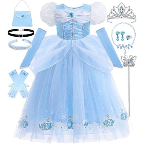 Princess Costume for Little Girls Blue Kids Puffy Sleeve Carnival Christmas Cosplay Dress