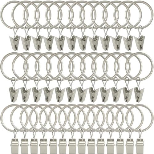 WeeksEight 44 Pack Curtain Rings with Clips, 1 in ID, Matte Silver