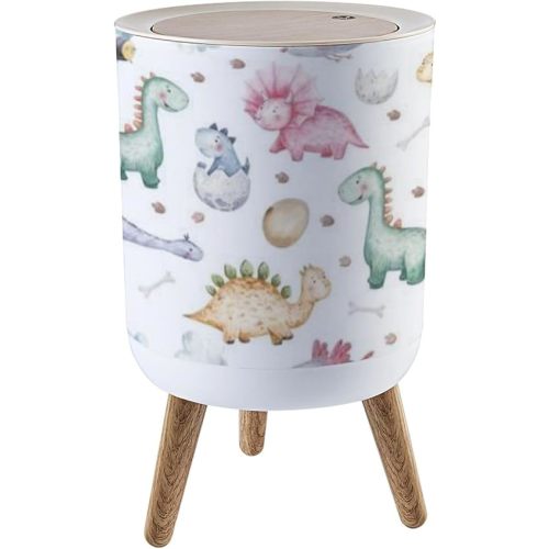 Trash Can with Lid Seamless Pattern Cute Baby Dinosaurs Garbage Can Round Waste Bin Press Cover Dog Proof Wastebasket for Kitchen Bathroom Living Room Nursery 1.8gal, ljt