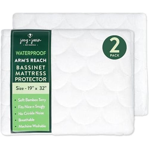 Joey + Joan Waterproof Bassinet Mattress Pad Cover Compatible with Arm's Reach Co-Sleeper Bassinet – 2 Pack Quilted Mattress Protector – 19" x 32"