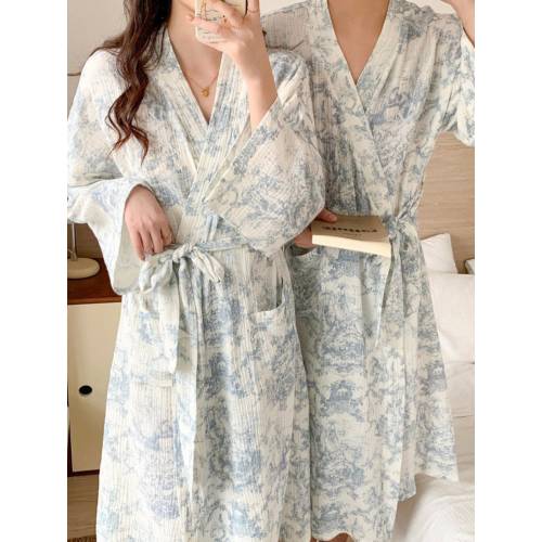 Toile De Jouy Pattern Cotton Robe : Muslin Loungewear Gift for Her