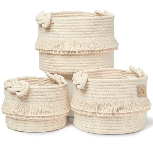 NaturalCozy 3-Piece Boho Decor Storage Basket Set – Cotton Rope Woven Baskets for Organizing! Small Baby Stuff, Shower, Gift Basket, Nursery Planter, Toy Shelves