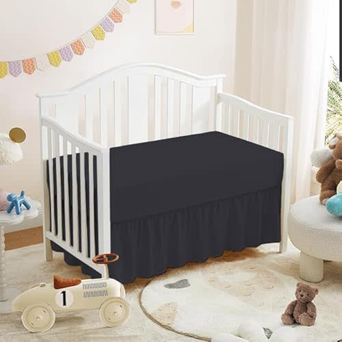 Crib Ruffle Bed Skirt (28” x 52”) with 16” Inch Drop Dust Ruffle for Baby Boys or Girls Nursery Crib Toddler Bed Skirt Microfiber Fabric - Black Solid