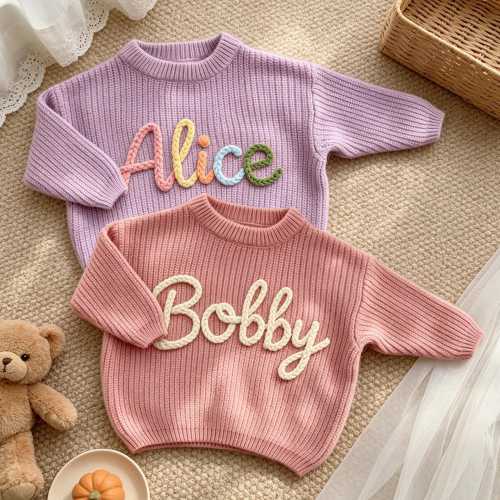 Custom Knit Newborn Sweater, Hand Embroidered Toddler Sweater with Name, Personalized Boy Jumper, Baby Girl Outfit, Baby Shower Gifts
