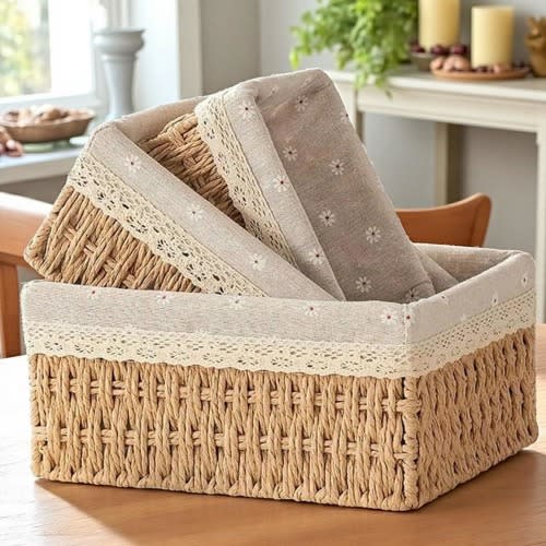 Wicker Cube Baskets with Liners (Set of 3) - Woven Shelf and Closet Storage