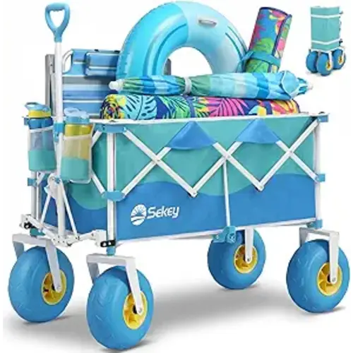 Sekey Heavy Duty Beach Wagon with 9" Big Sand-Proof Wheels – 600lb Capacity, 200L Oversized Foldable Cart | Adjustable Handle & All-Terrain Tires for Sand, Camping, Groceries