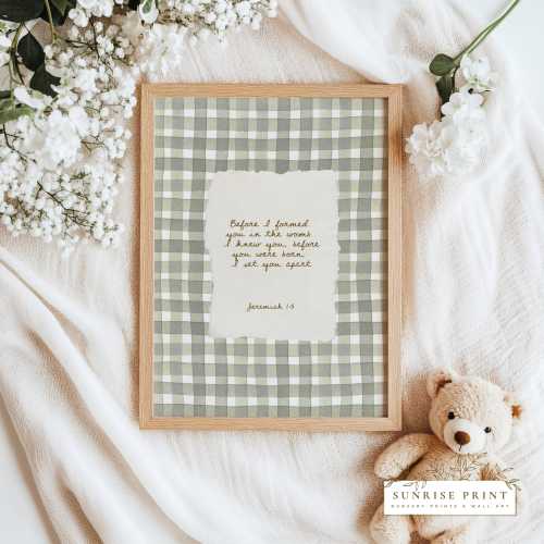 Jeremiah 1:5 Wall Art Christian Nursery Poster Sage Green Gingham Bible Verse Print for Boy Gift for Mom Baby Scripture Wall Farmhouse Decor