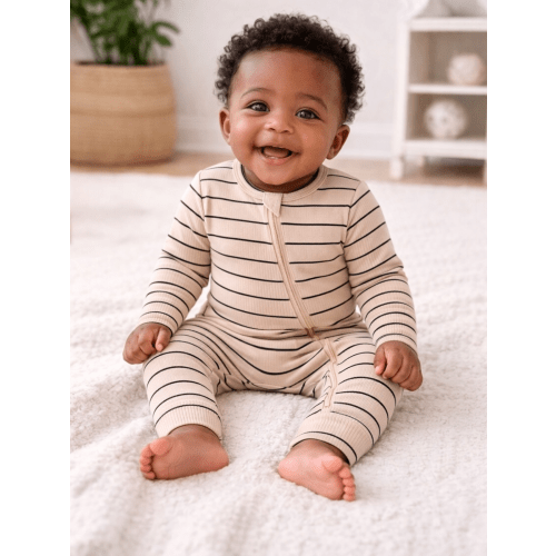 Tan/Black Stripe / Ribbed 2-Way Zip Romper