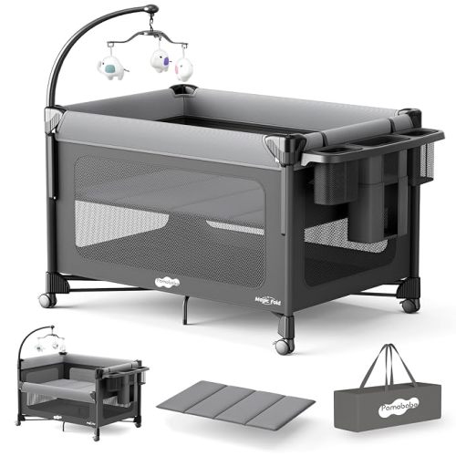Pamo Babe 5 in 1 Pack and Play - One-Step Setup Bedside Crib, Portable Playard with Mattress, Toy Bar & Storage Bag - Grey