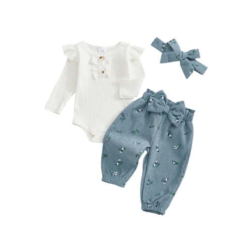 Loicainy Infant Baby Girls Fall Clothes Set 3 6 9 12 Months Long Sleeve Romper with Floral Pants and Headband Outfits